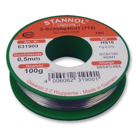 Stannol HS10 631900 soldeertin 0,5mm 100gram loodvrij met zilverj