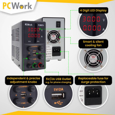 PCWork PCW07A Laboratoriumvoeding 0-30VDC & 0-5A |  Soldeerbout-shop.nl