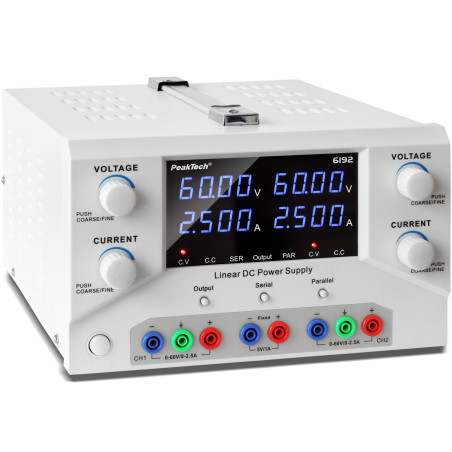 PeakTech 6192 Dubbele labvoeding 2x 0-60VDC & 0-2,5A + 5V & 1A en USB-interface