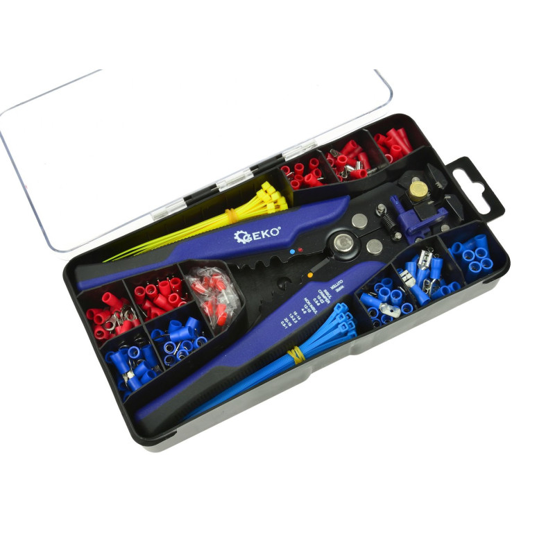 GEKO G01776 3-in-1 Strip-, knip- en krimptang met AMP-kabelschoenen 260-delig GEKO G01776 3-in-1 Strip-, knip- en krimptang met AMP-kabelschoenen 260-delig