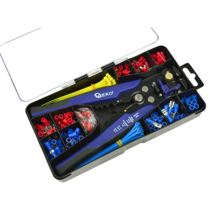GEKO G01776 3-in-1 Strip-, knip- en krimptang met AMP-kabelschoenen 260-delig | Soldeerbout-shop.nl